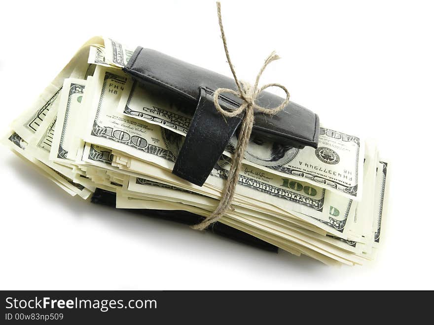 Leather wallet with some dollars inside on white background. Leather wallet with some dollars inside on white background