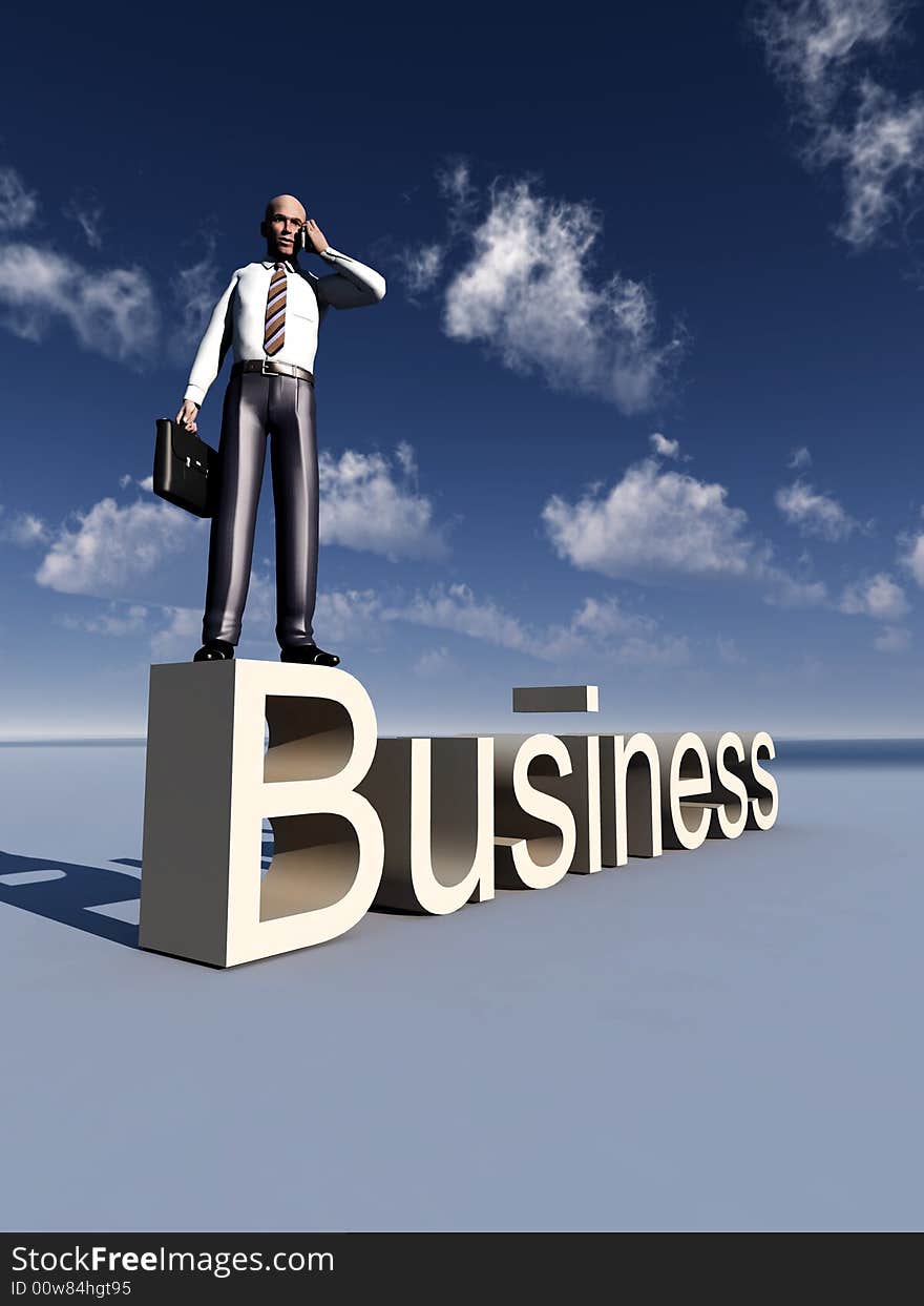 A concept image of a businessman standing on top of the word business. A concept image of a businessman standing on top of the word business.