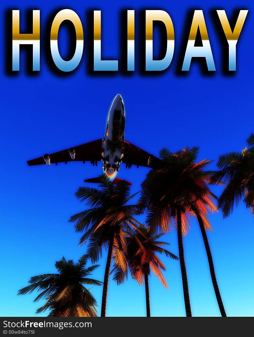 An image of a plane and palm trees against a tropical clear sky, it would be a good conceptual image representing holidays. An image of a plane and palm trees against a tropical clear sky, it would be a good conceptual image representing holidays.