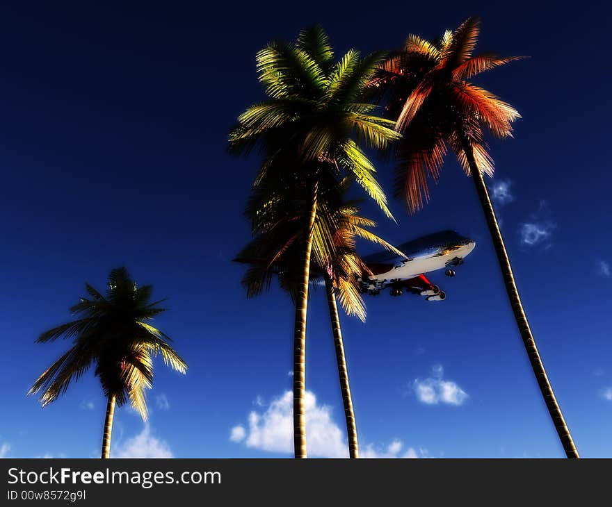 An image of a plane and palm trees against a tropical sky, it would be a good conceptual image representing holidays. An image of a plane and palm trees against a tropical sky, it would be a good conceptual image representing holidays.