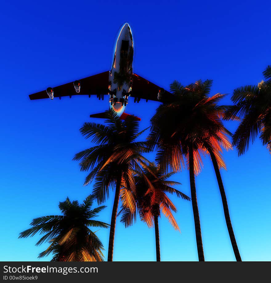 An image of a plane and palm trees against a tropical clear sky, it would be a good conceptual image representing holidays. An image of a plane and palm trees against a tropical clear sky, it would be a good conceptual image representing holidays.