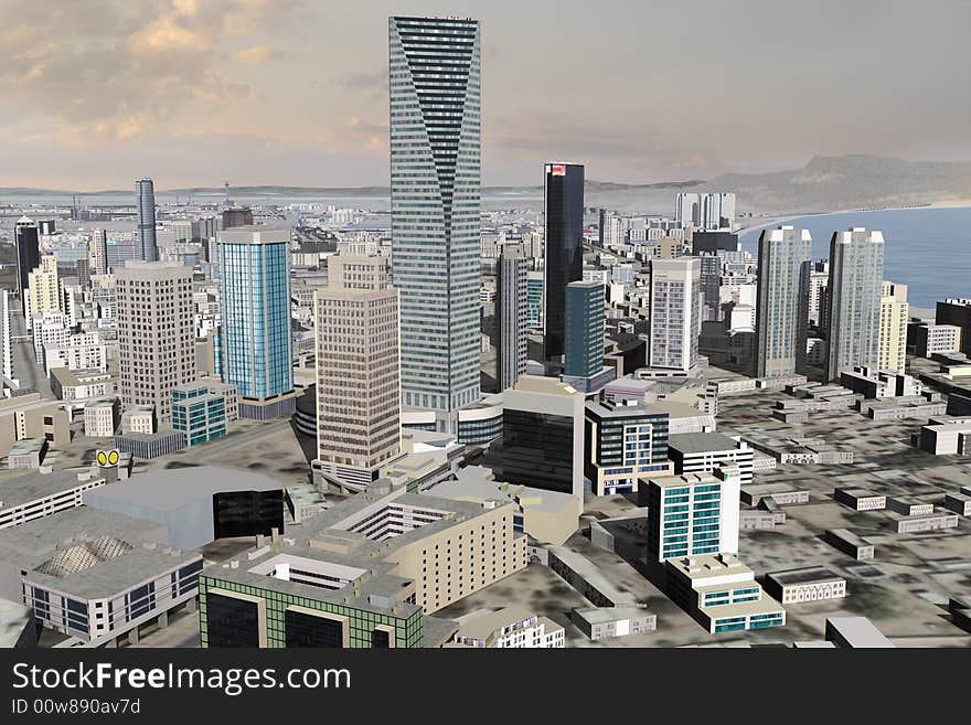 A 3d model of an imaginary city illustration. A 3d model of an imaginary city illustration