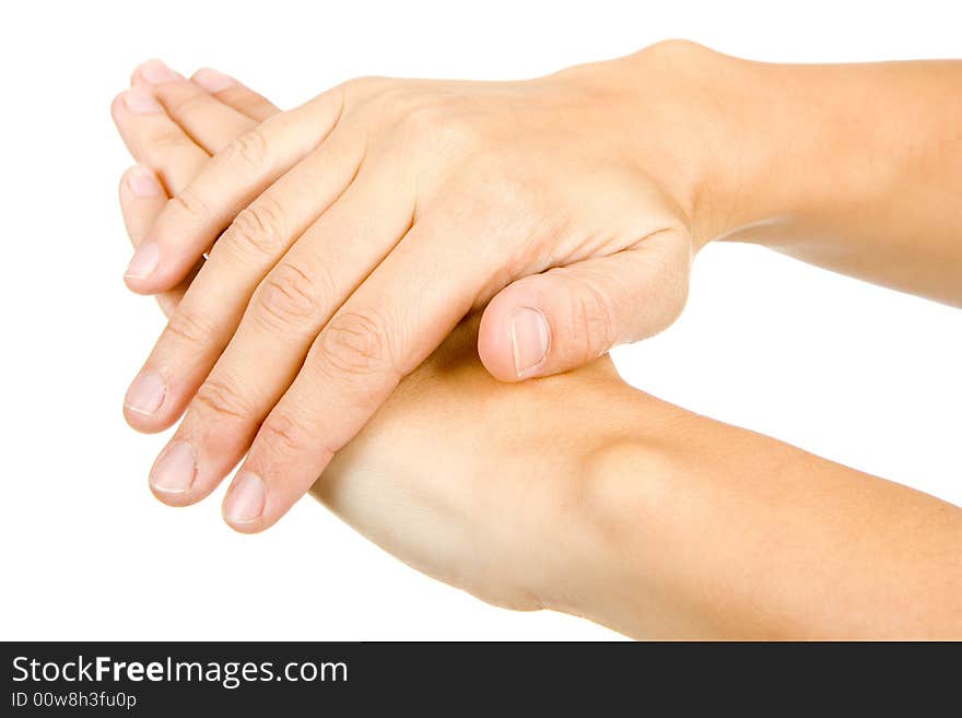 Woman is showing a sign with his hands on a white background