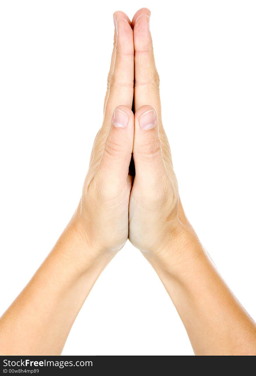 Woman is showing a sign with his hands on a white background