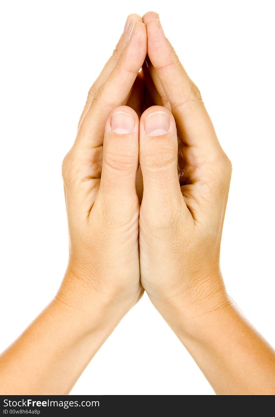 Woman is showing a sign with his hands on a white background