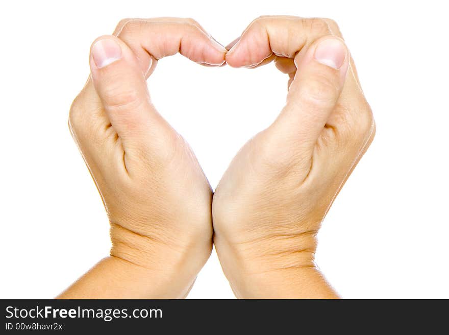 Woman is showing a sign with his hands on a white background