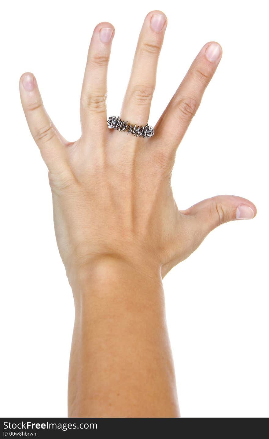 Woman is showing a new ring on his hand, isolated on white background