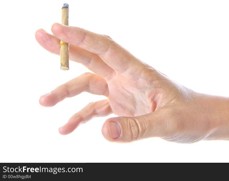 Female hand hold cigarette isolated on white