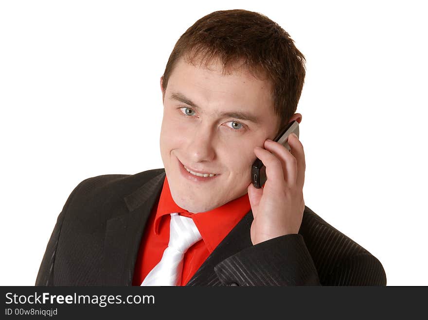 Man in red shirt on cell phone. Man in red shirt on cell phone.