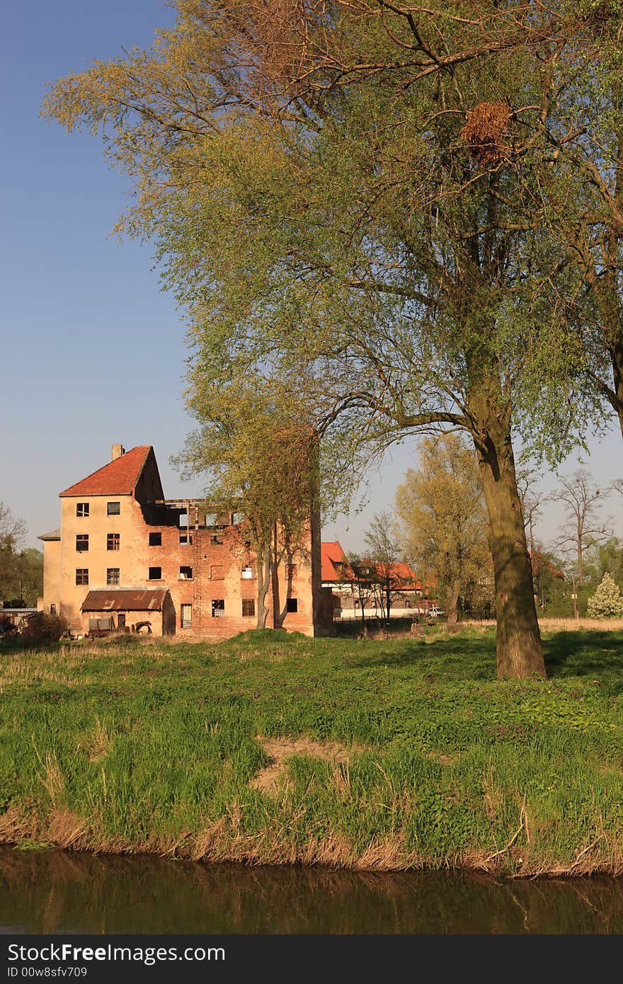 Old mill by the river Bystrzyca in Wroclaw, Poland