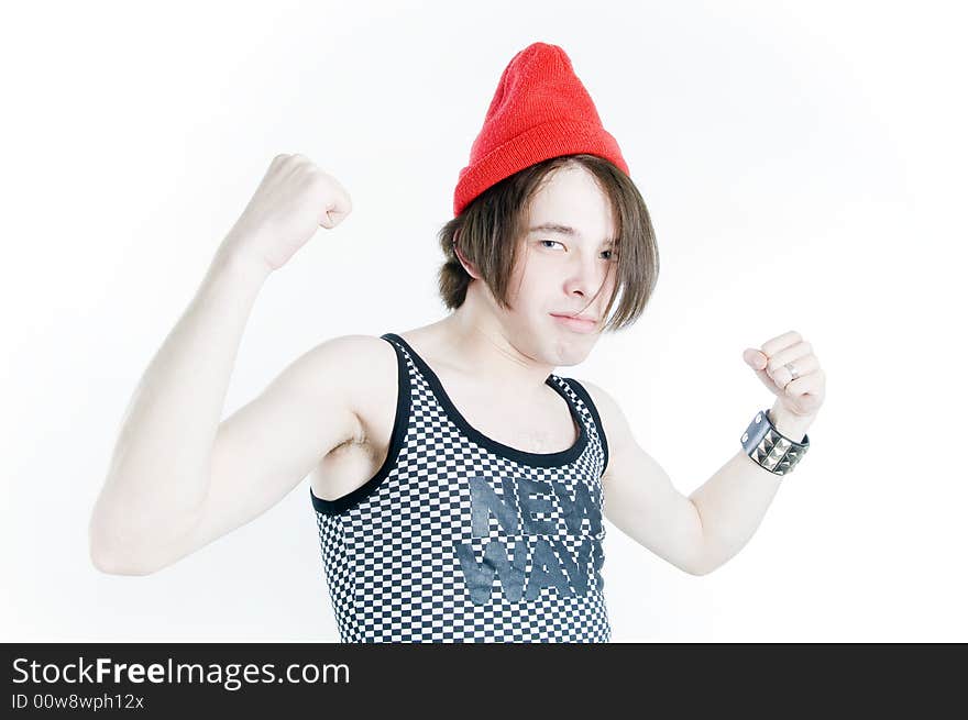 Funny emotional teenager in red hat, isolated on white background