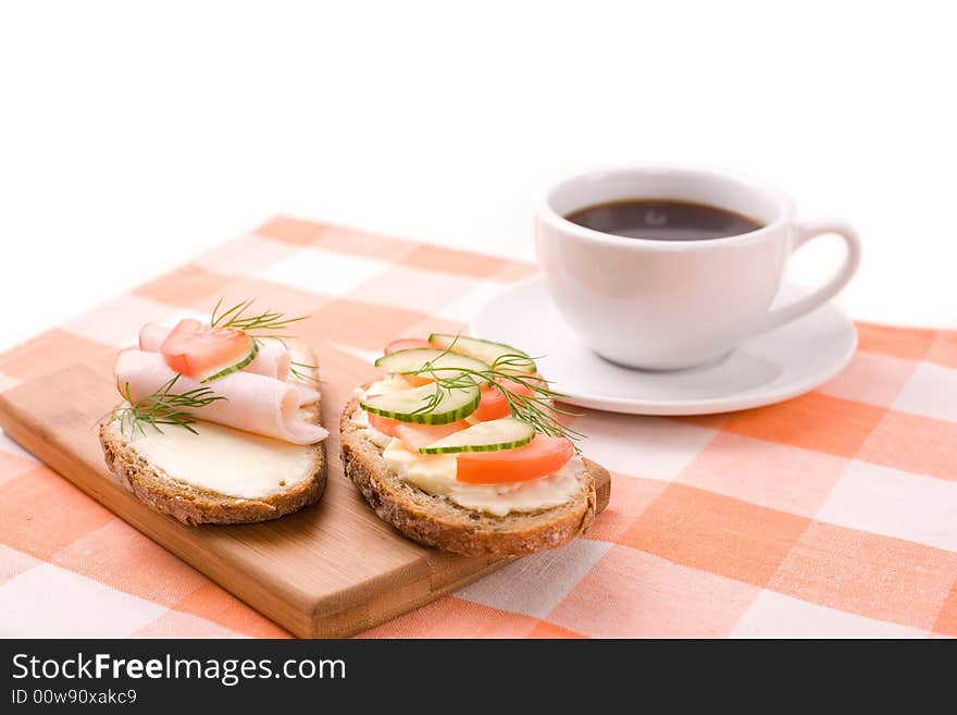 Delicious sandwiches and black coffee. Delicious sandwiches and black coffee