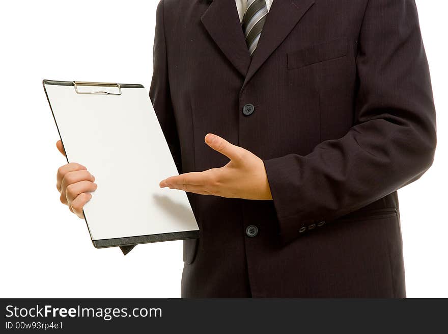 Businessman holding a blank clipboard. Room for your text