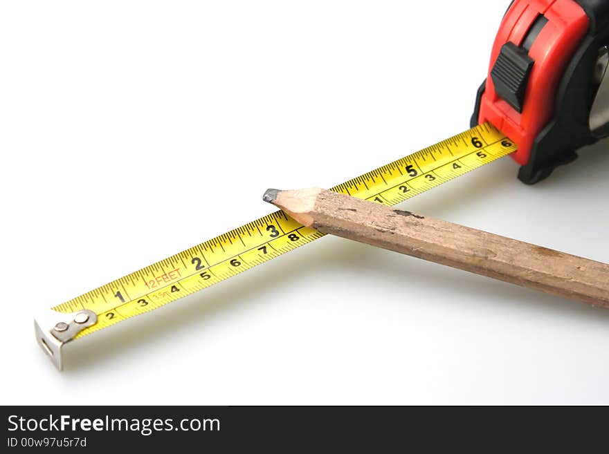 Pencil and Black and Red Tape Measure White Background. Pencil and Black and Red Tape Measure White Background