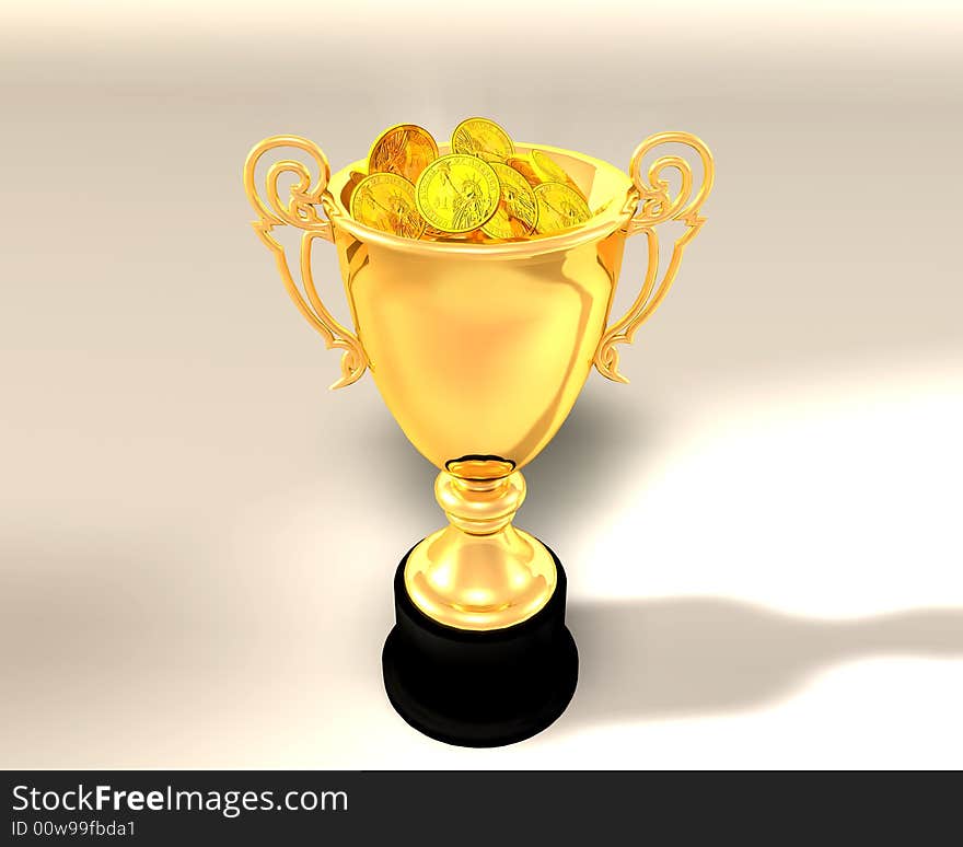 3d Illustration of trophy cup and coins