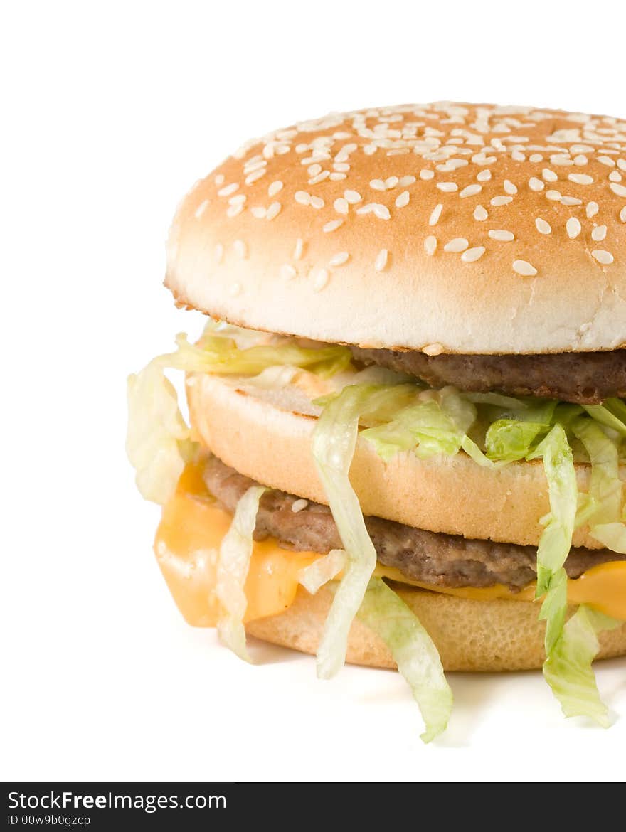 Bread with fried meat, cheese, onion and lettuce isolated on a white background. Bread with fried meat, cheese, onion and lettuce isolated on a white background.