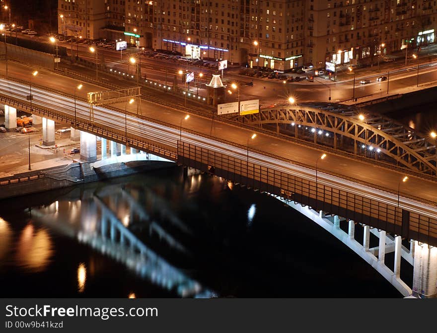 Moscow at night, river bridge. Moscow at night, river bridge