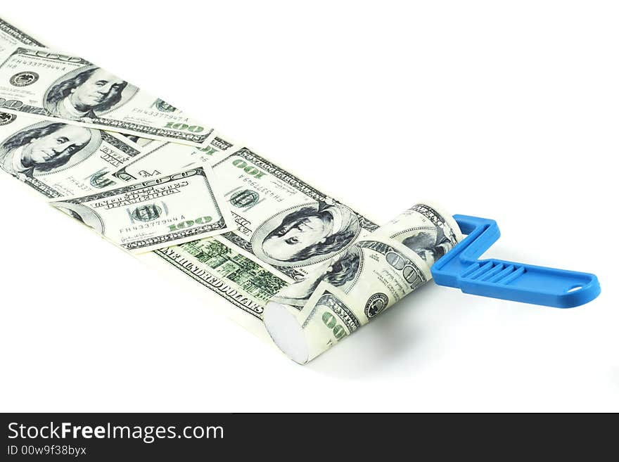 Abstract concept . Roller with dollar paint on white background. Abstract concept . Roller with dollar paint on white background