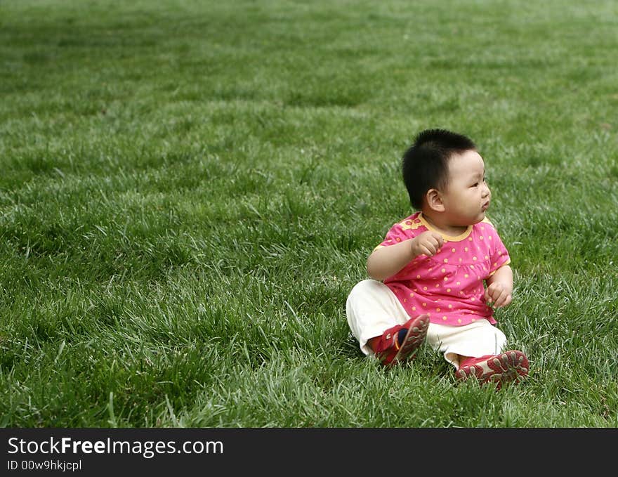 A chinese baby girl on the meadow