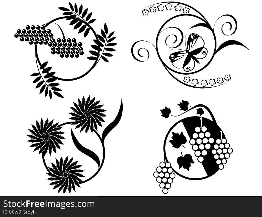 Flower, the butterfly and berries - contours in a vector