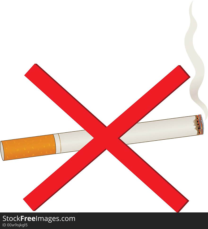 A single lit cigarette with a billow of smoke and a red cross over it. A single lit cigarette with a billow of smoke and a red cross over it