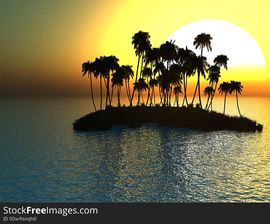 Sunset coconut palm trees on small island - 3d illustration.