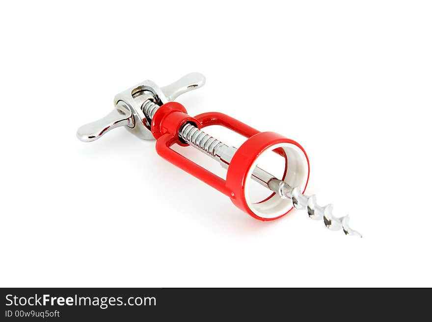 Device with red body and bright steel piercer for opening corked bottles. Device with red body and bright steel piercer for opening corked bottles