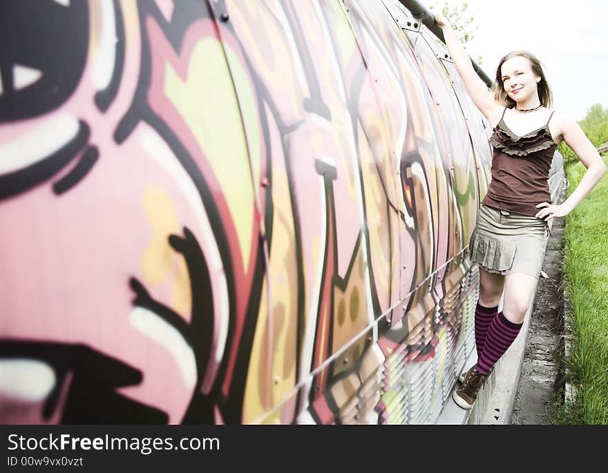 Pretty Blond Girl Against Graffiti. Pretty Blond Girl Against Graffiti