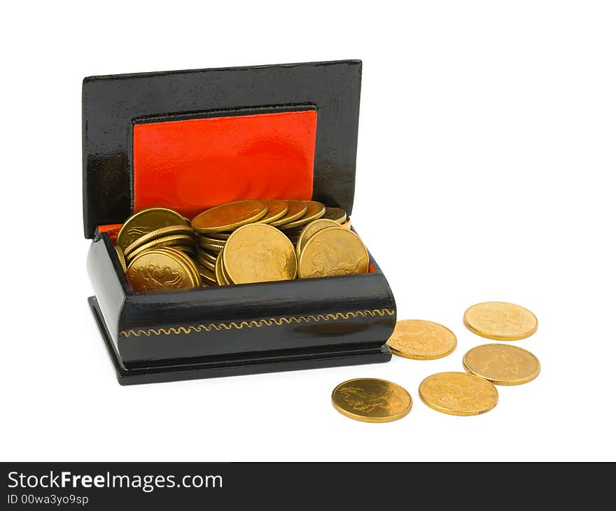 Gold money in chest, isolated on white background