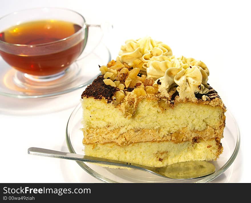 Cup Of Tea And Cake Isolated