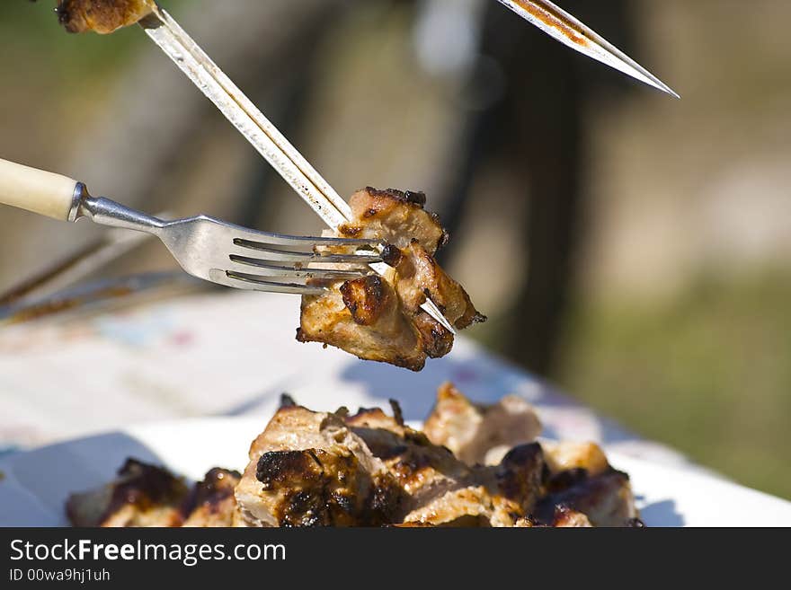 Grilled appetizing shish kebab on metal skewers. Grilled appetizing shish kebab on metal skewers