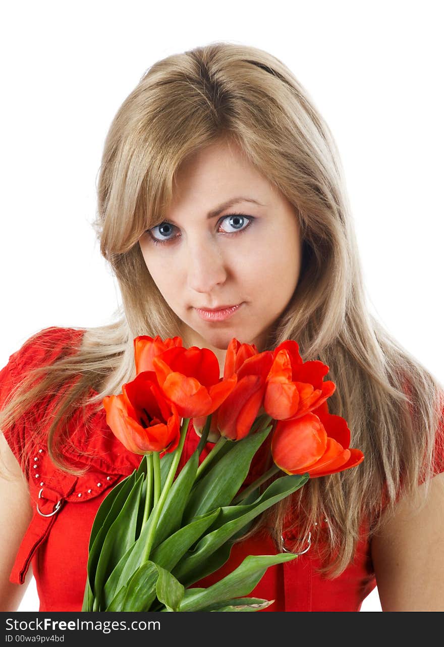 Beautiful girl with bouquet of red tulips. Beautiful girl with bouquet of red tulips