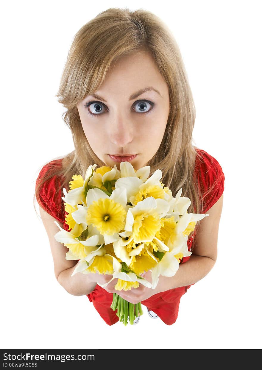 Wide angled funny girl with daffodils