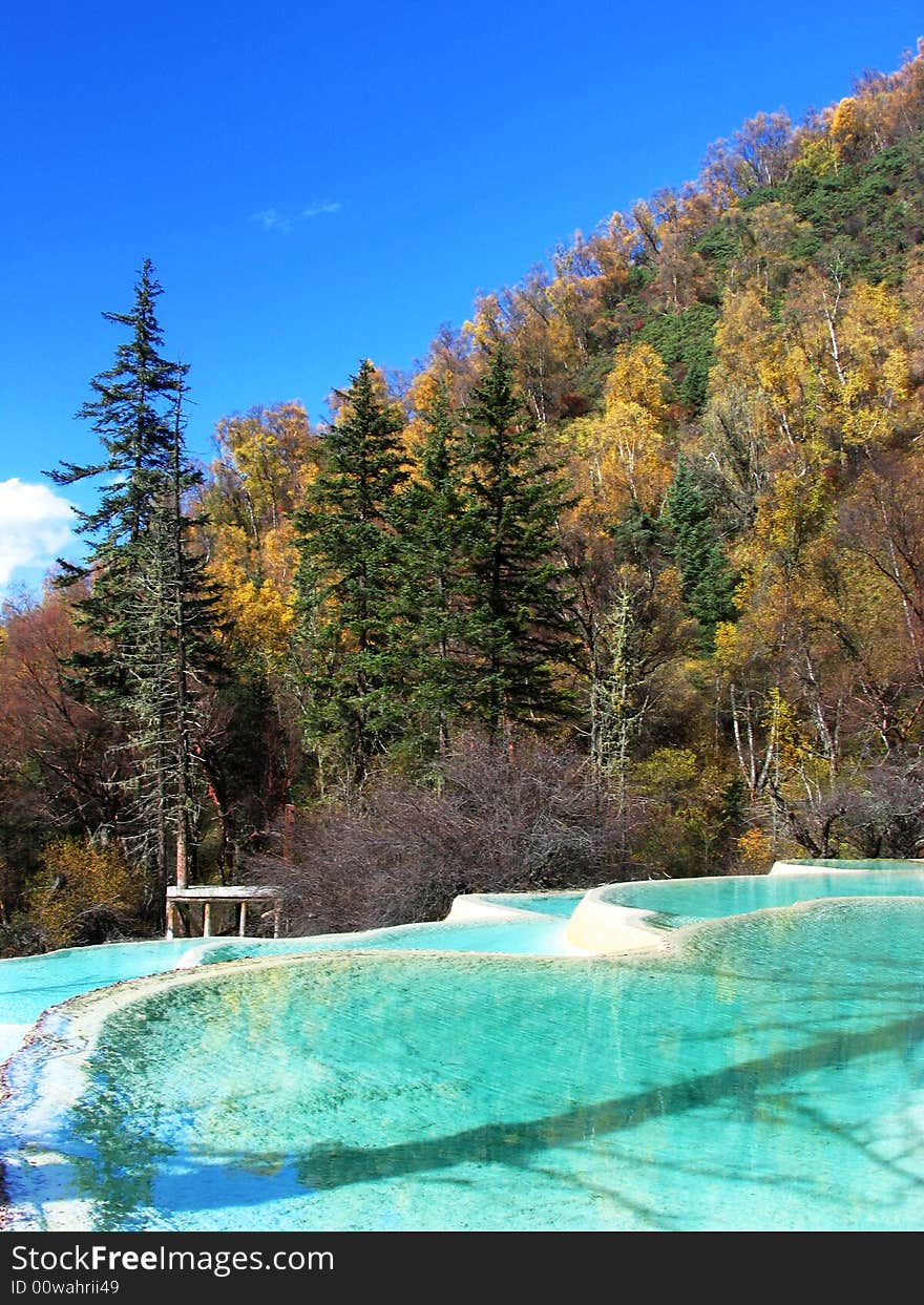 Quiet lake in jiuzhaigou valley scene