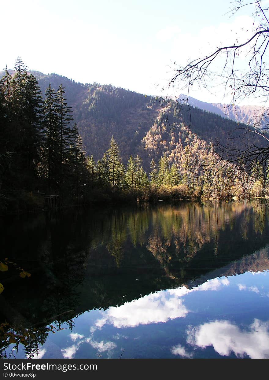 Quiet lake in jiuzhaigou valley scene