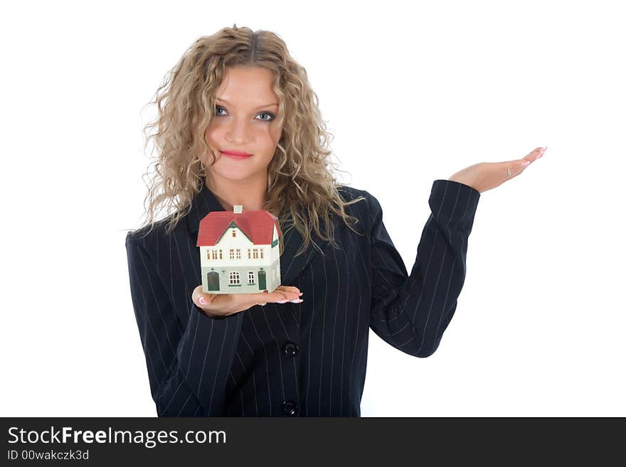 Business woman advertises real estate on white background