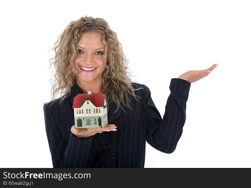 Business woman advertises real estate on white background