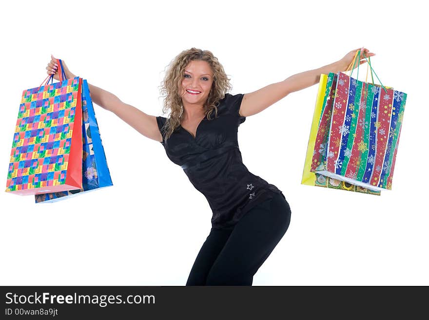 Expressive woman  on white background  shopping. Expressive woman  on white background  shopping