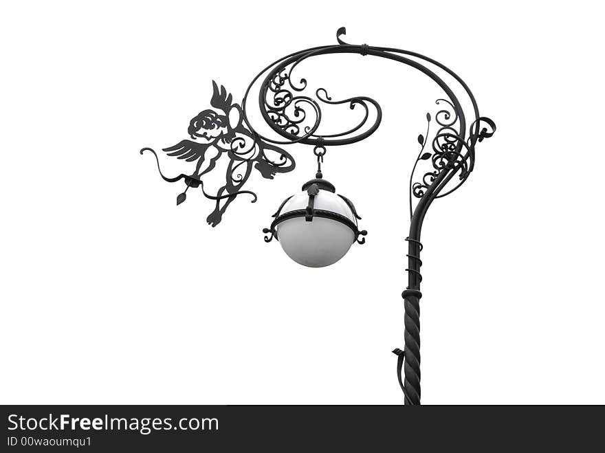 Derorated street lantern with Eros figure, isolated on white. Derorated street lantern with Eros figure, isolated on white