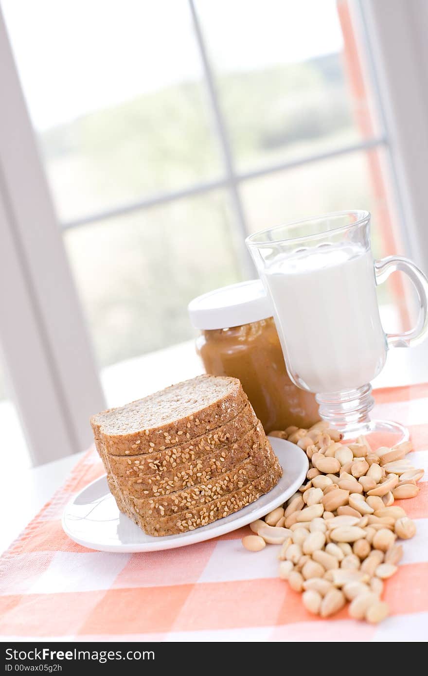 Peanut butter, bread and milk - delicious breakfast