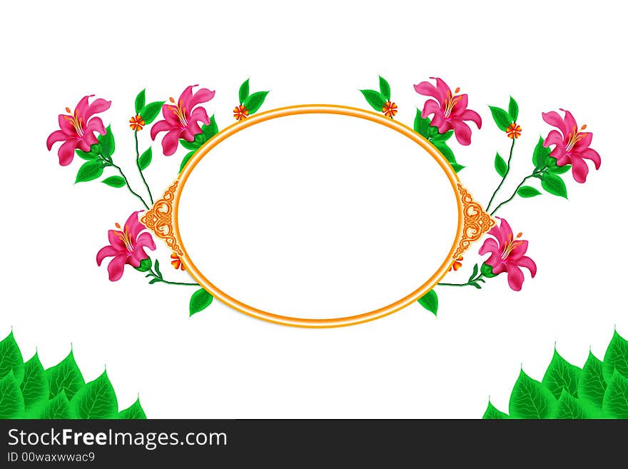 Gold oval designed border blank framed banner with flowers and leaves