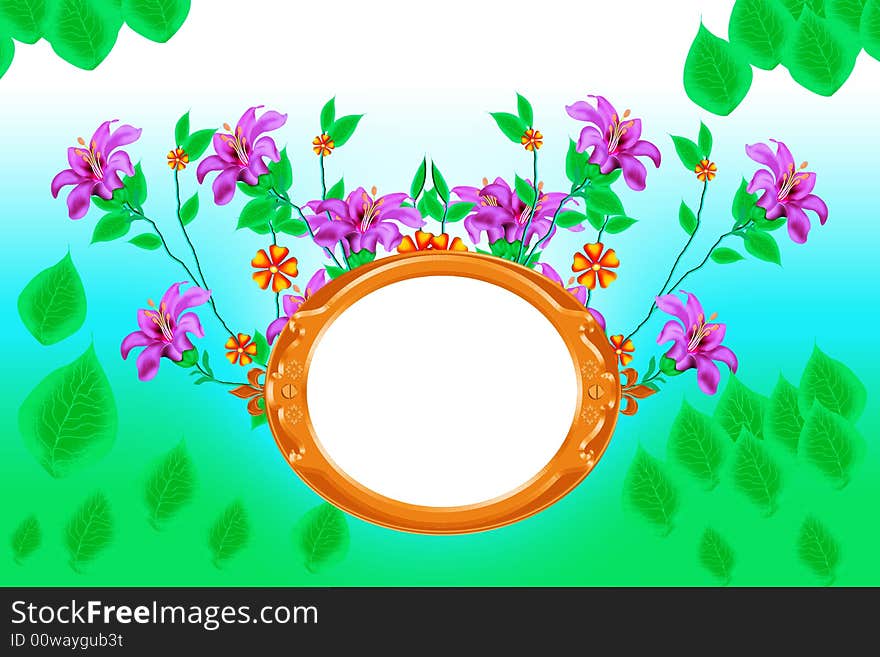 Gold oval designed border blank framed banner with flowers and leaves