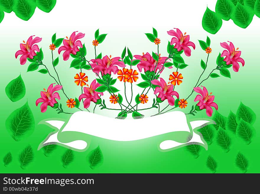 Designed banner with flowers and leaves and green colour background