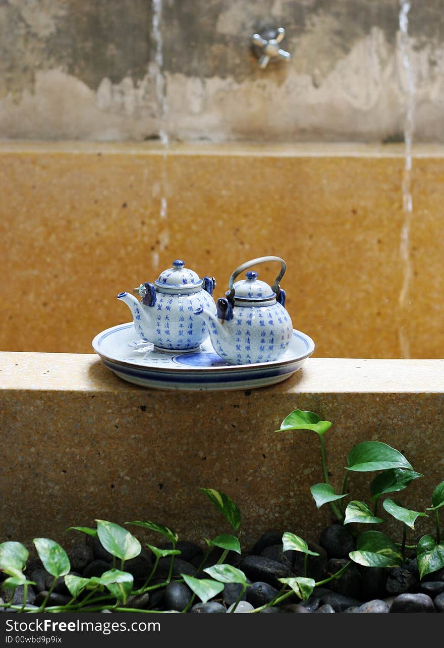 Pretty blue and white Asian pottery tea set.