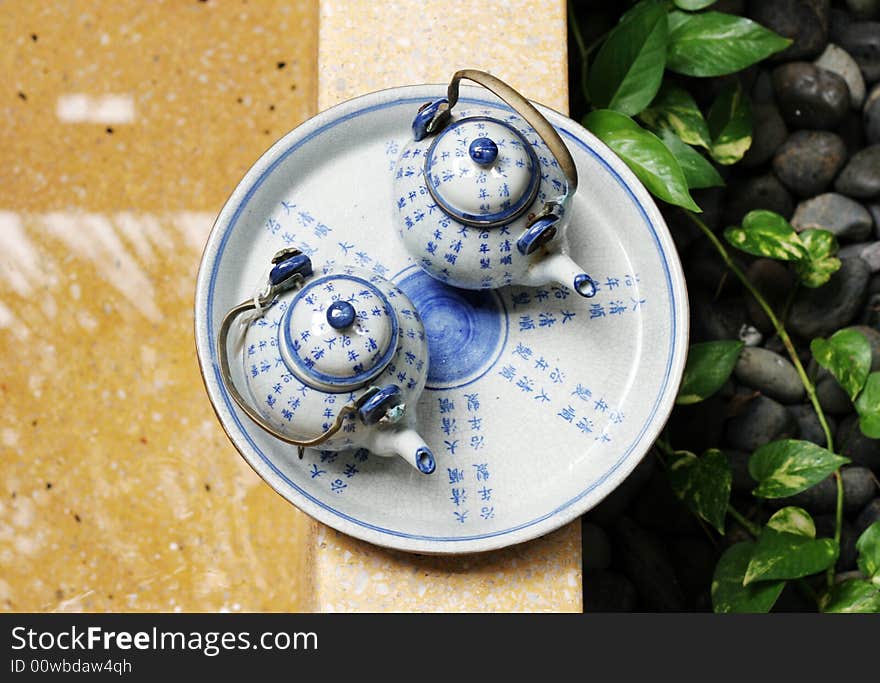 Pretty blue and white Asian pottery tea set.