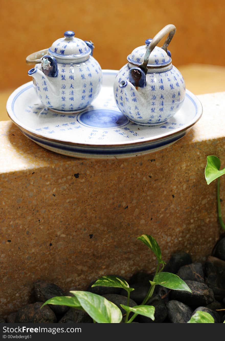 Pretty blue and white Asian pottery tea set.