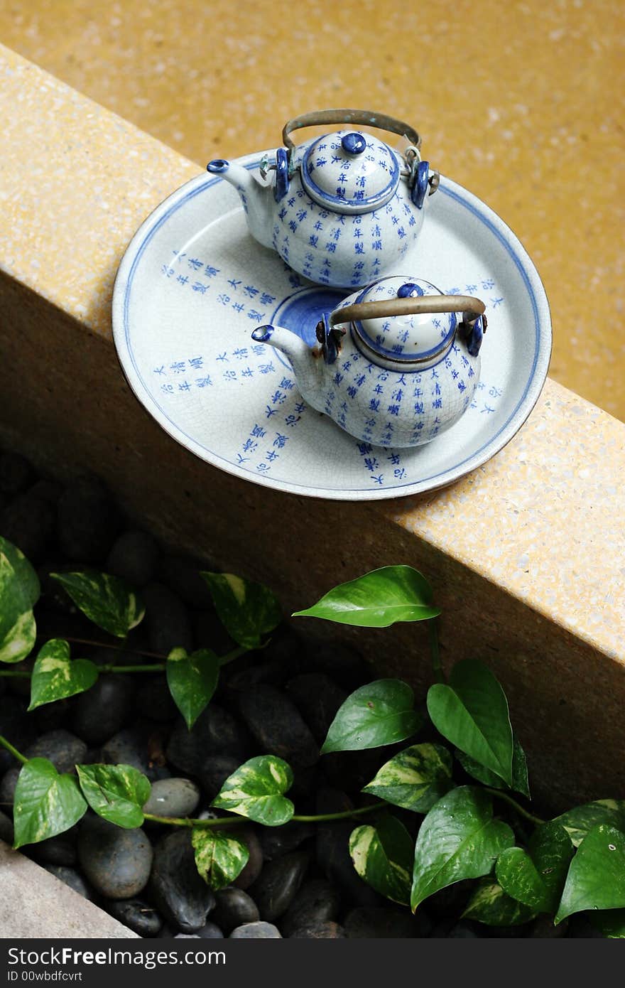 Pretty blue and white Asian pottery tea set.