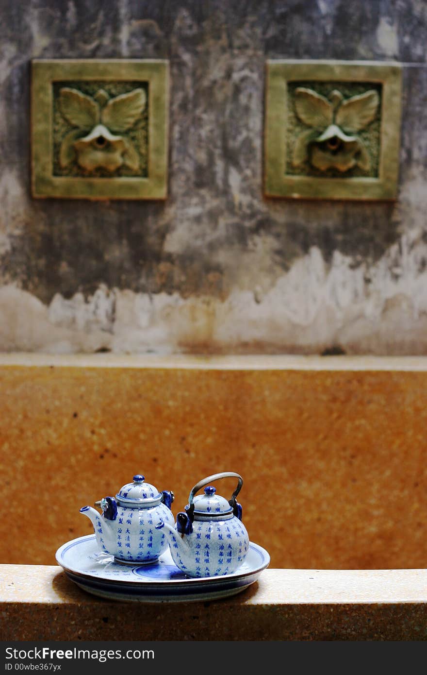 Pretty blue and white Asian pottery tea set.