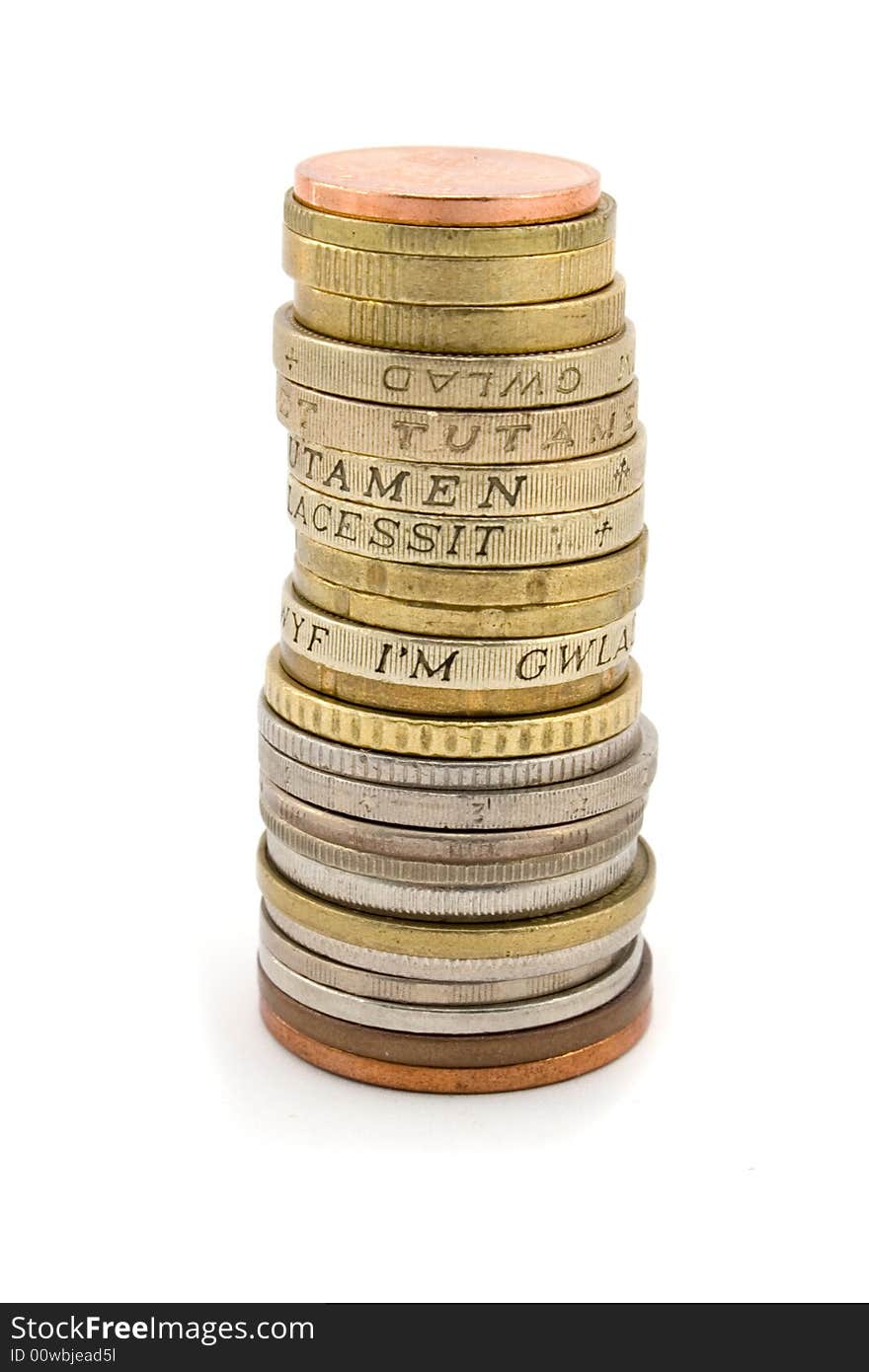 Tower of coins isolated on white