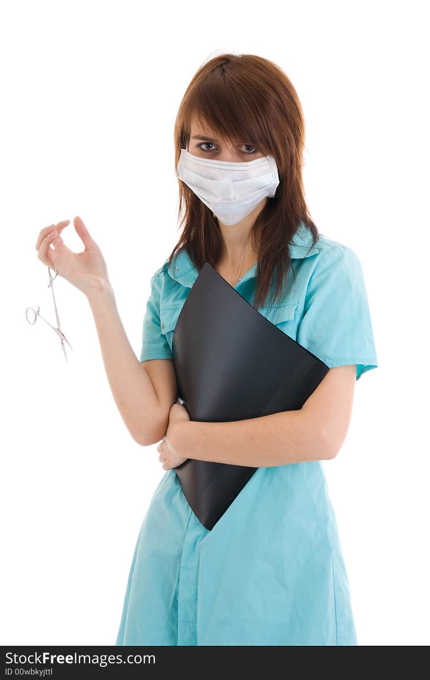 The young attractive nurse with a folder isolated